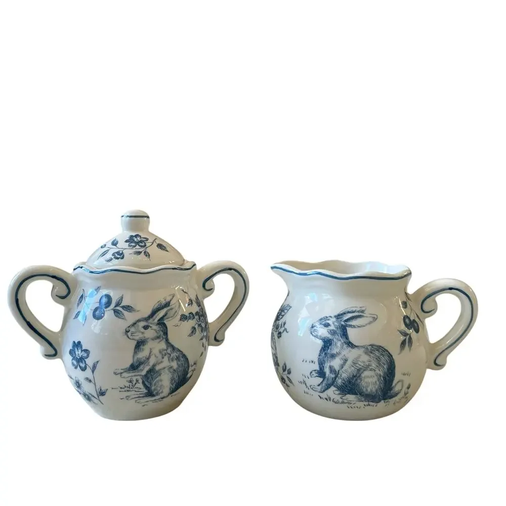Maxcera Blue Bunny Rabbit Toile Creamer & Sugar Bowl With Lid Easter Ceramic New